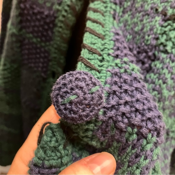 Kenji vintage green and blue button down hand-knitted cardigan sweater, L - Picture 6 of 11